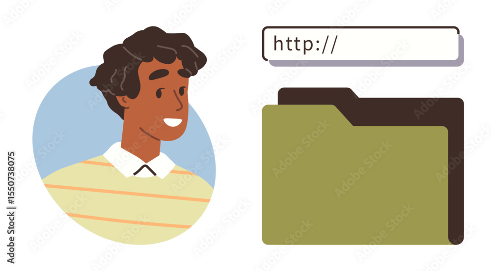 Poster smiling young individual near a browser search bar and file folder, symbolizing online browsing, web