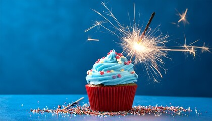 blue cupcake with red and white sprinkles and lit sparkler on a blue background