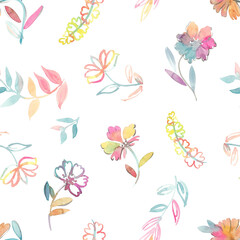 Beautiful hand drawn water color leaf flower motifs of seamless pattern 