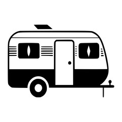 Black and white camper van illustration for adventure travel, RV lifestyle, camping graphics, retro vehicle decor, road trip posters, logo design, t-shirt print, vector clipart use