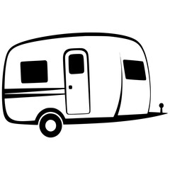 Black and white camper van illustration for adventure travel, RV lifestyle, camping graphics, retro vehicle decor, road trip posters, logo design, t-shirt print, vector clipart use