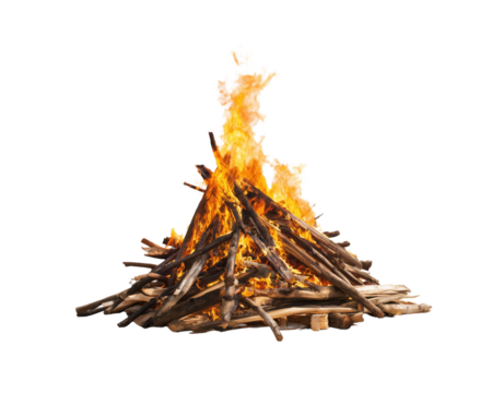 Towering flames engulf a stacked log bonfire, fiery orange light transparent background