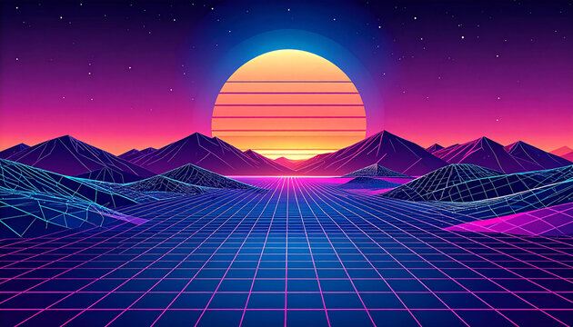 Retrofuturistic landscape with a vibrant sun, stylized mountains, and a gridded plain