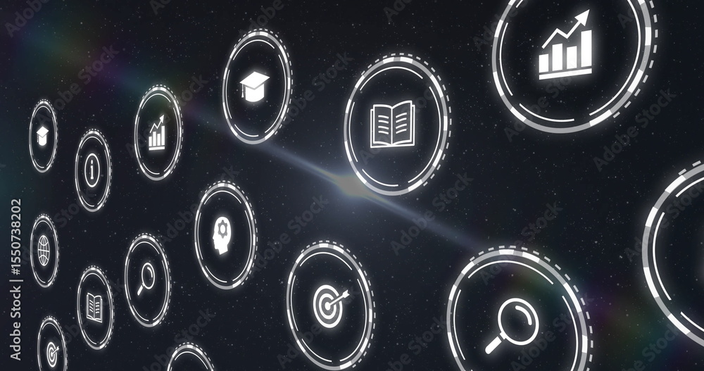 Poster floating icon cluster drifting in starfield with chart book search globe cap info target gearhead