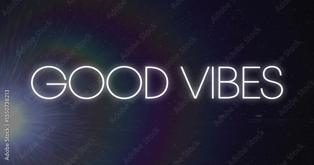 Poster glowing neon good vibes text creating cosmic atmosphere in dark backdrop, with lens flare effect