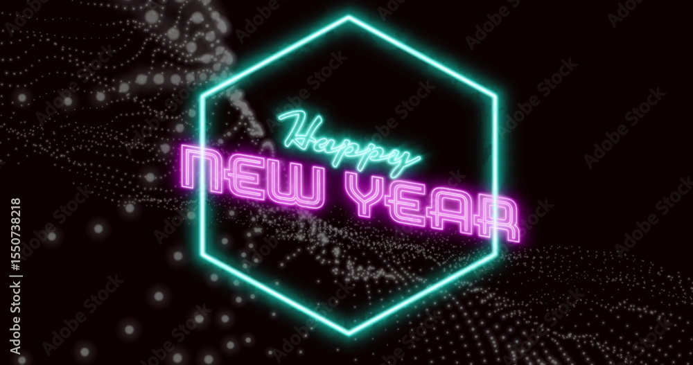 Poster glowing teal hexagon radiating neon happy new year text in abstract space, with particle waves