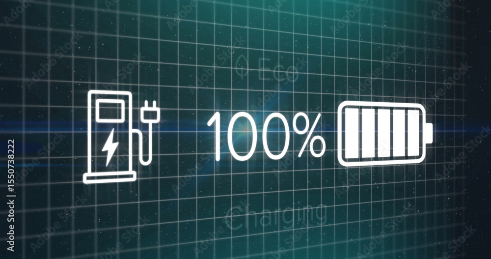 Poster displaying dashboard showing 100% charge at interface, with battery, plug and lightning bolt icons