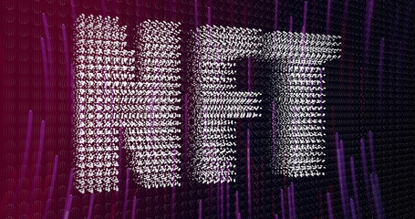 Displaying 3D NFT text forming from white symbol clusters on purple backdrop, with vertical streaks
