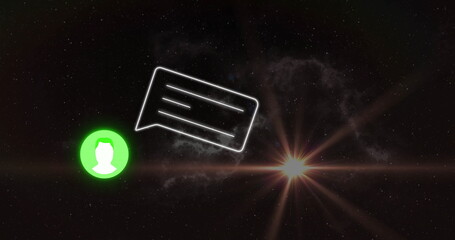 Floating green avatar and white speech bubble icons glowing in outer space, with bright star flare