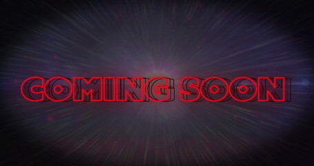 Radiating glow from red neon outlined text COMING SOON on cosmic starburst backdrop, with streaks