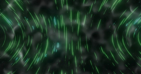 Rippling digital wave undulating in virtual space, with glowing green light streaks