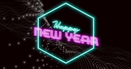 Glowing teal hexagon radiating neon Happy New Year text in abstract space, with particle waves