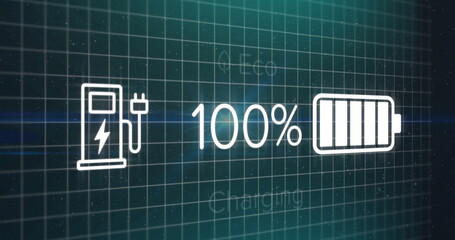 Displaying dashboard showing 100% charge at interface, with battery, plug and lightning bolt icons