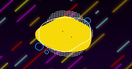 Central yellow blob pulsing in dark canvas, with dotted circle, white curves, blue rings, neon bars