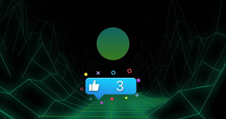 Hovering blue alert bubble showing thumbs-up three above neon grid floor with colorful shapes