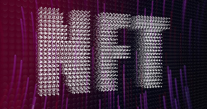 Displaying 3D NFT text forming from white symbol clusters on purple backdrop, with vertical streaks