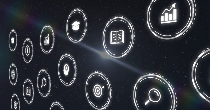 Floating icon cluster drifting in starfield with chart book search globe cap info target gearhead - Powered by Adobe