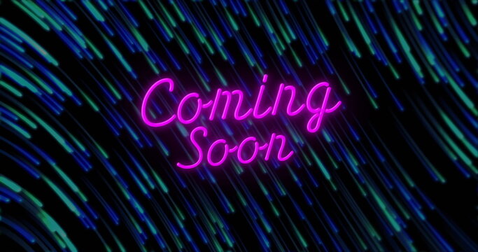 Displaying neon pink Coming Soon text glowing on dark background, with blue and green light streaks - Powered by Adobe