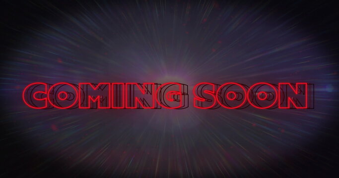 Radiating glow from red neon outlined text COMING SOON on cosmic starburst backdrop, with streaks