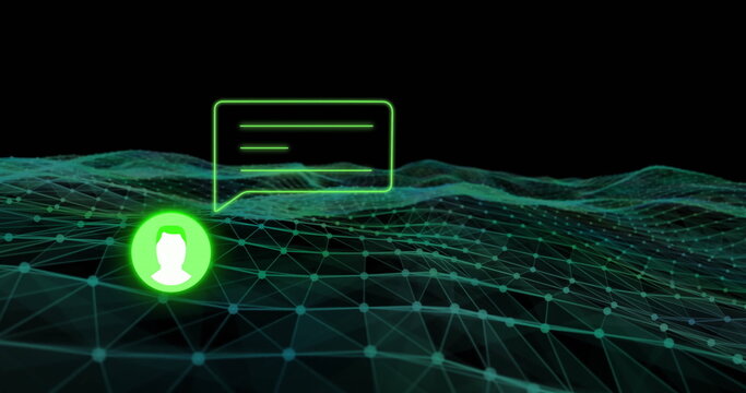 Hovering neon green user avatar icon glowing above virtual wireframe mesh grid, with chat bubble - Powered by Adobe