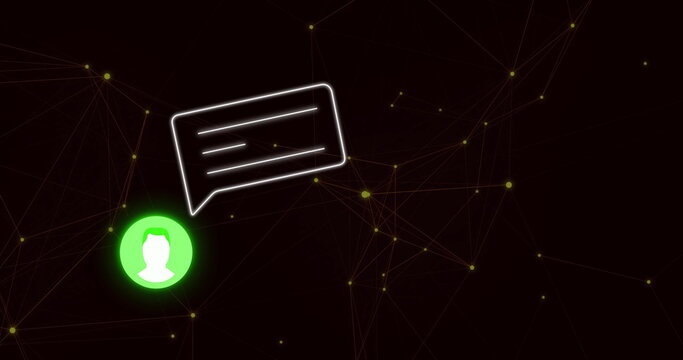 Displaying neon green user avatar glowing on dark network grid, with chat bubble, nodes, copy space - Powered by Adobe