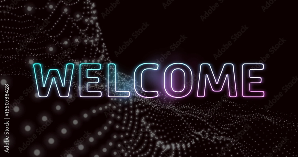 Poster displaying neon welcome text floating above particle grid in dark space, tech welcome screen