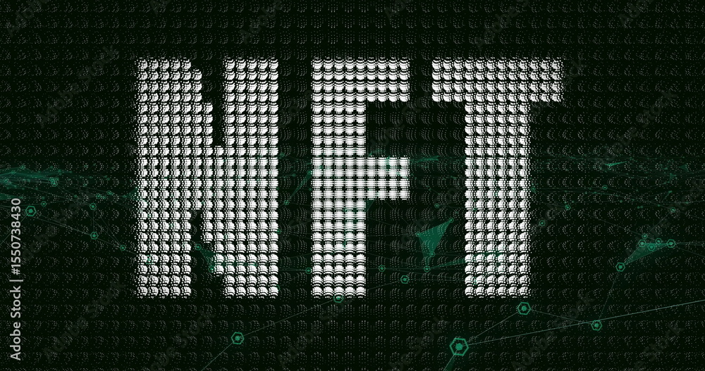 Poster displaying large nft letters forming dot grid on dark network, with green streams and hexagon nodes