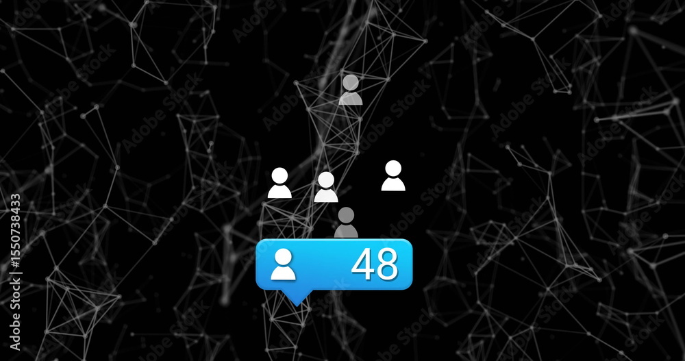 Poster hovering blue notification bubble showing user count in digital network field, with profile icons