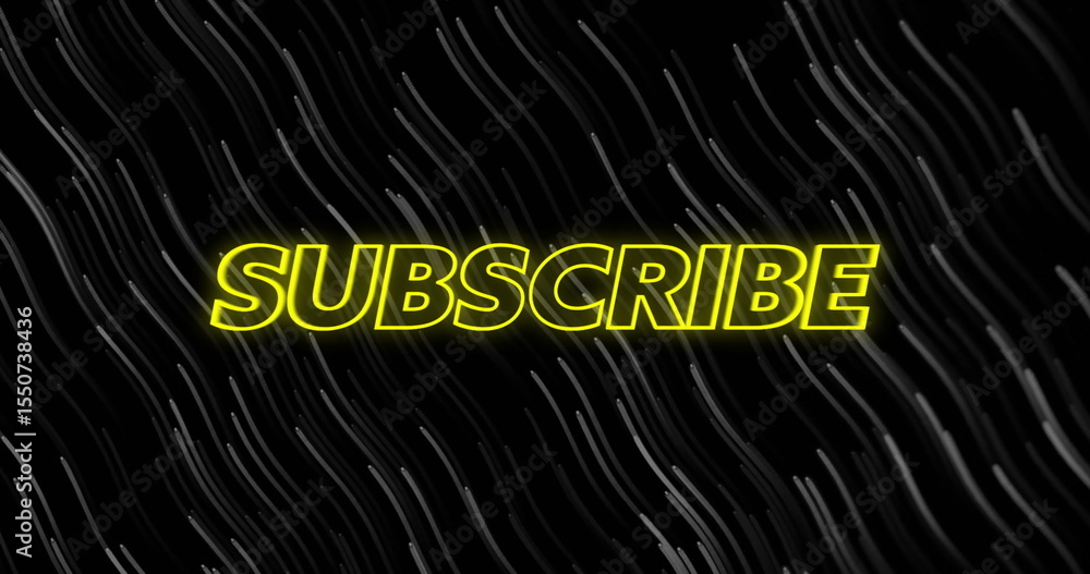 Poster displaying bold neon yellow subscribe text flowing across dark backdrop, with abstract pattern