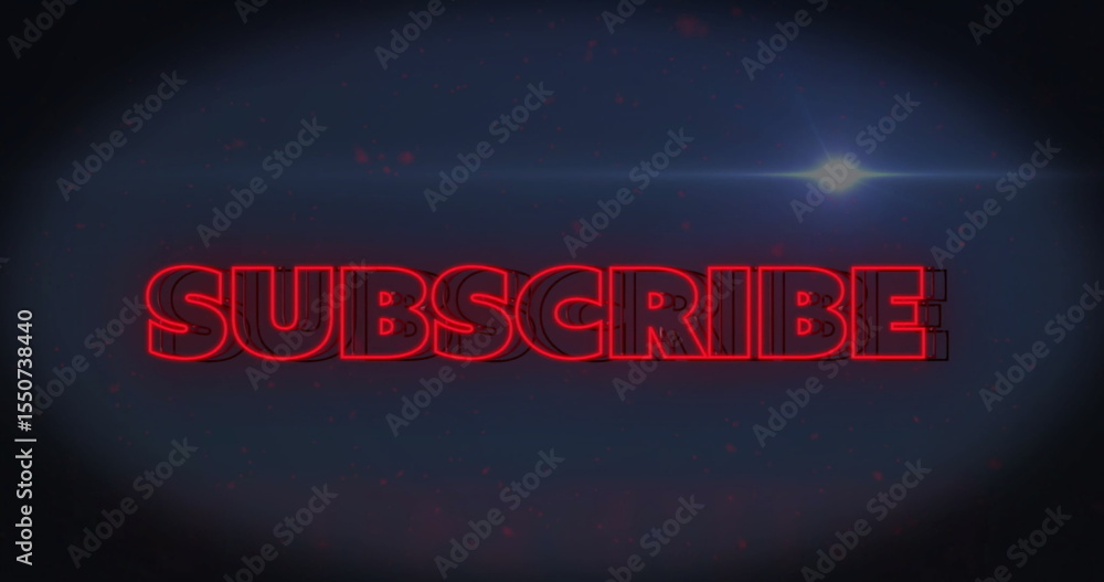 Poster glowing neon-red 3d subscribe text shimmering in graphic design interface, with subtle lens flare