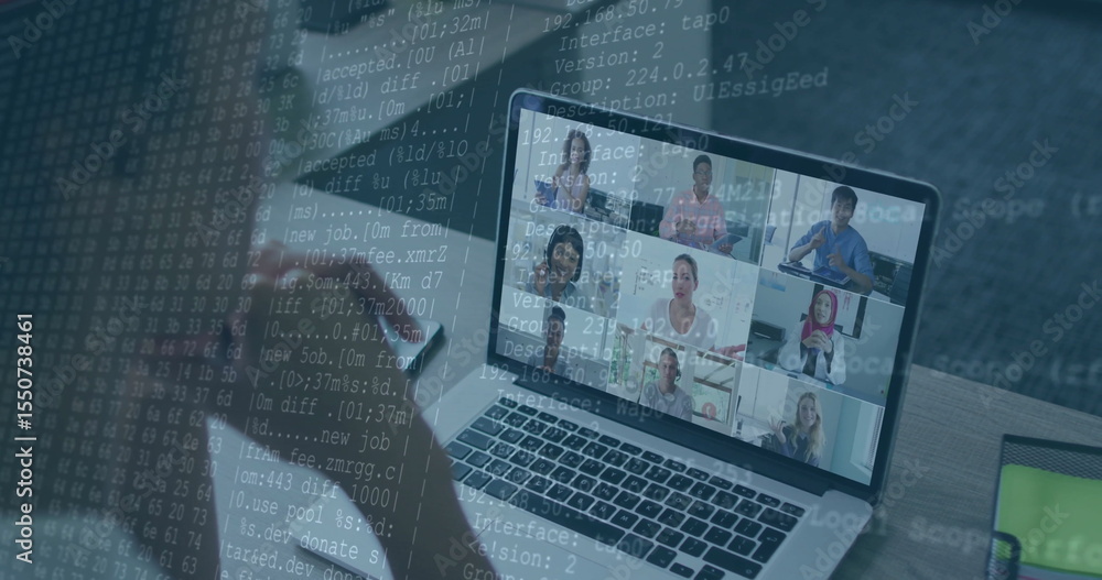 Poster showing laptop displaying nine-person team meeting in office with smartphone and code overlay