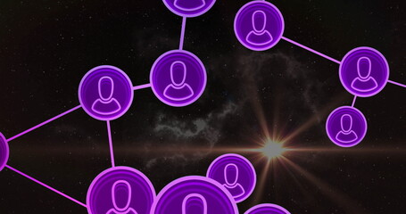Displaying network linking purple avatar nodes across space backdrop, with starburst flare