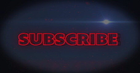 Glowing neon-red 3D SUBSCRIBE text shimmering in graphic design interface, with subtle lens flare