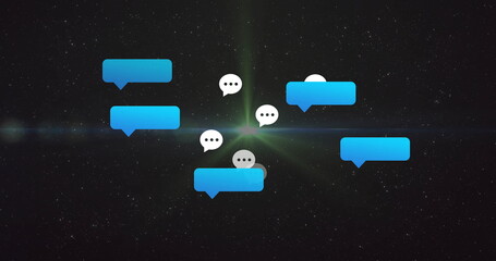 Floating cluster of blue and white chat bubbles drifting in digital cosmic space, with lens flare