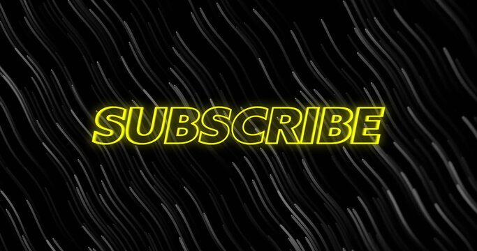 Displaying bold neon yellow SUBSCRIBE text flowing across dark backdrop, with abstract pattern