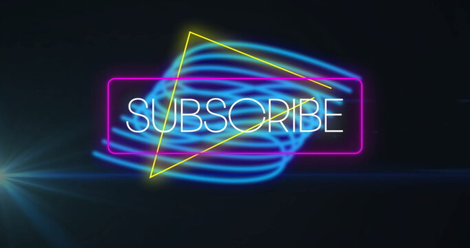 Neon-lit SUBSCRIBE sign glowing in studio backdrop, with blue swirls and magenta yellow borders - Powered by Adobe