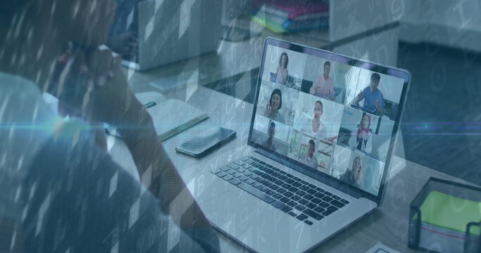 Resting man wearing collared shirt at office desk with laptop phone notebook pen folder, copy space - Powered by Adobe