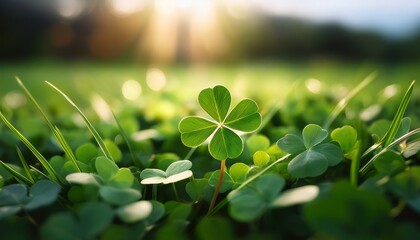 found a good luck four leaf clover standing out from meadow of green clovers unique discovery of a rare 4 leaf clover for st patricks day charm or to symbolize luck good fortune or prosperity