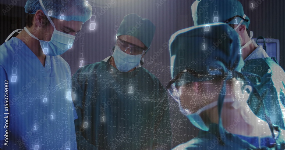 Aufkleber operating team wearing scrubs and masks at table in operating room with digital data overlay