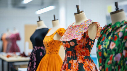 A fashion design studio showcases colorful dresses on mannequins. The foreground features a floral print dress, with orange, black, and green garments blurred in the background of the workshop