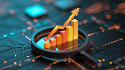 A digital business analytics and data visualization concept image with a glowing 3D bar chart rising upward through a black magnifying glass.
