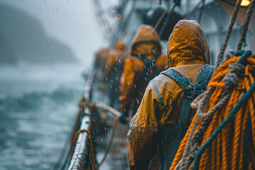 Fishermen in yellow rain gear work on the deck of a vessel during a storm. This shot captures the harsh conditions, danger, and teamwork of seafarers in the open ocean
