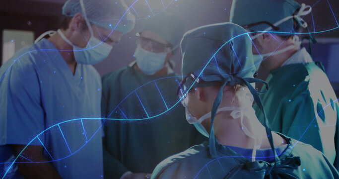 Team of four surgeons wearing scrub caps masks gowns gloves operating in OR, with DNA overlay