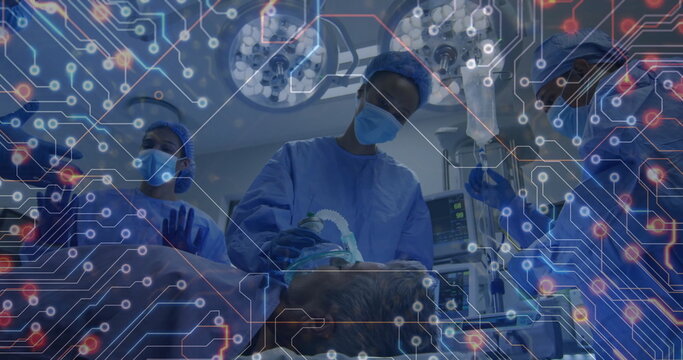 Scrub-clad clinician holding anesthesia mask and applying sedation in OR, with circuit overlay - Powered by Adobe