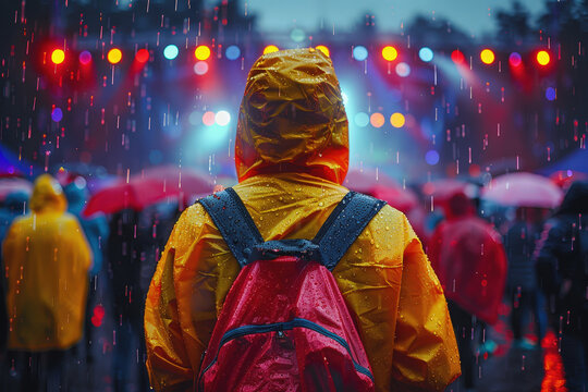 A person in a yellow raincoat and red backpack watches a concert in the rain. Colorful stage lights create a vibrant bokeh effect, capturing the atmosphere of a live music festival