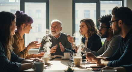 Obraz premium Diverse team of professionals collaborating actively in a modern office meeting room discussing business ideas