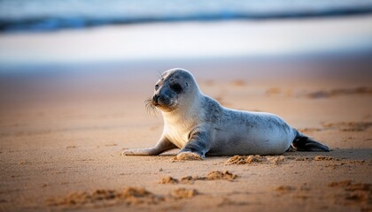 grey seal pup alone on the beach horsey gap norfolk uk