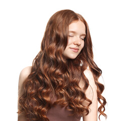 Teenage girl with healthy wavy hair on white background