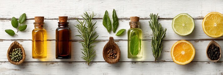 Culinary border of rosemary, salt, pepper and oil