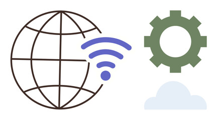Globe with wireless signal, gear symbol, and cloud element representing global connectivity, network automation, and cloud computing. Ideal for technology, innovation, communication, data management